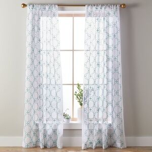 White Turquoise Embroidered Quatrefoil Sheer Curtains Panels-A Pair